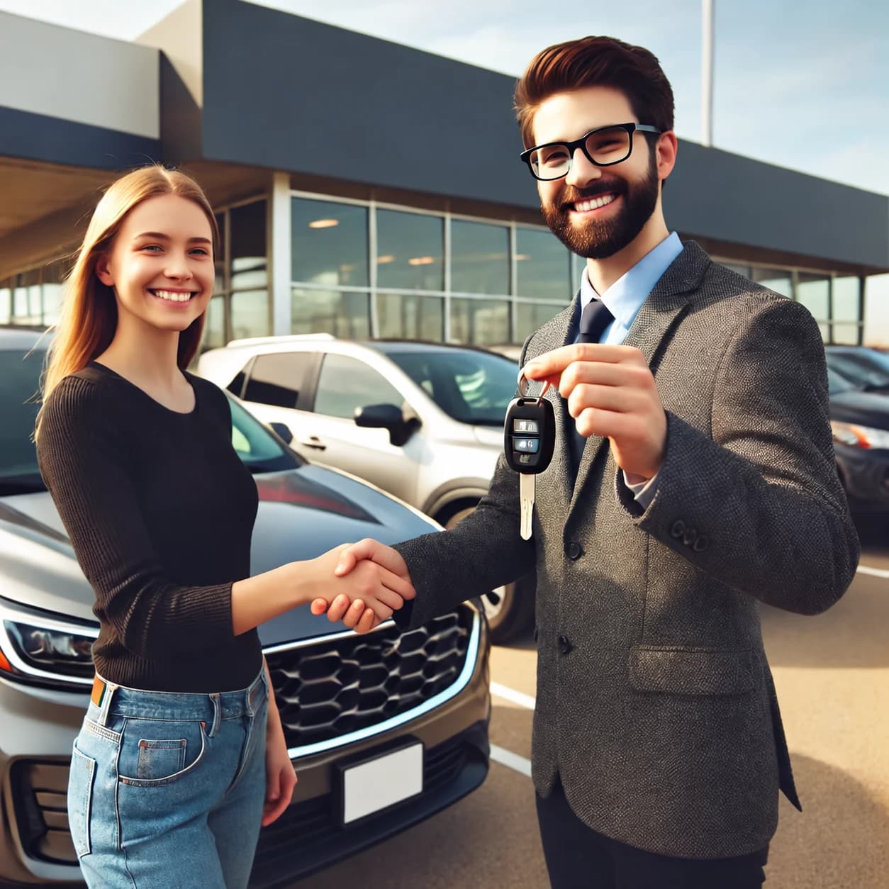 Salesperson and customer shaking hands by a car